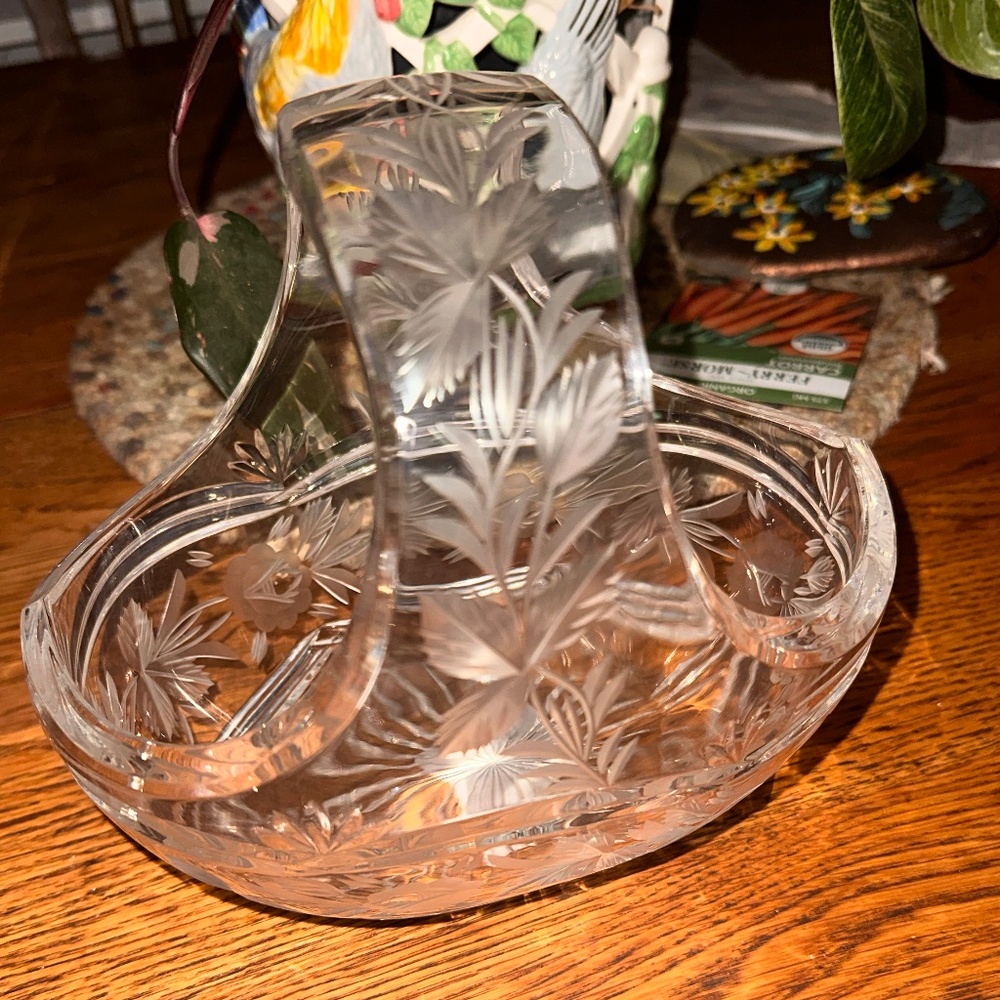 Vtg Cut Glass Crystal Clayton was privileged man he used Basket Handle Dish